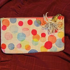 Multicolor Polka Dot Canvas Wristlet Clutch with Tassel